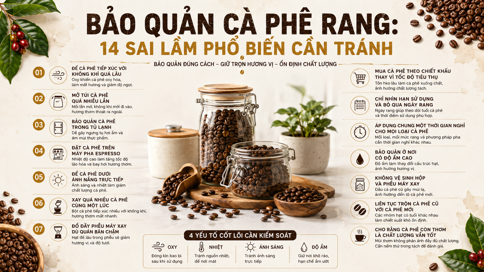 Oxy, nhiệt, ánh sáng và độ ẩm ảnh hưởng đến quá trình bảo quản cà phê rang